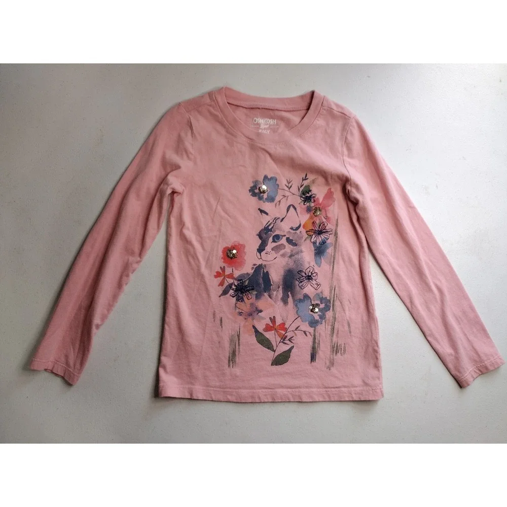 OshKosh Girls Pink Kitten Sequin Top and Carter's Floral Leggings Set‎ 6/6x